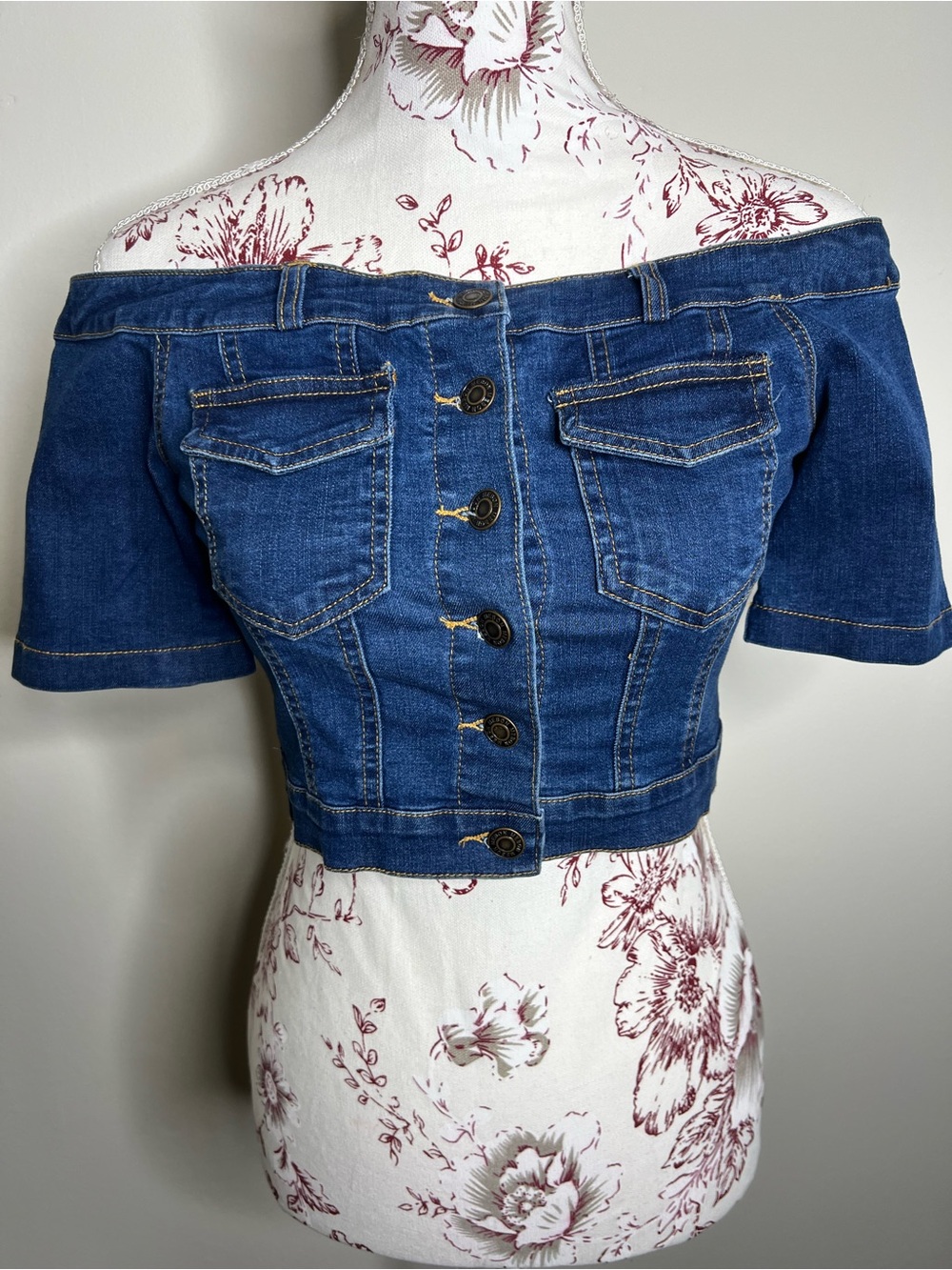 Mebon Denim Off Shoulder Crop Top Medium Y2K Corset Jean Top